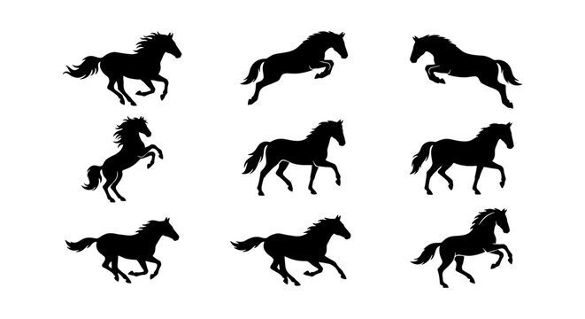 Dynamic Horse Silhouettes Collection, Galloping Equine Poses Vector Set, Powerful Animal Graphics for Equestrian Themes