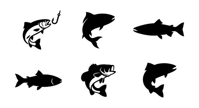 Vector Fish Silhouettes: Jumping Salmon, Bass, and Fishing Icons for Aquatic and Sport Graphics