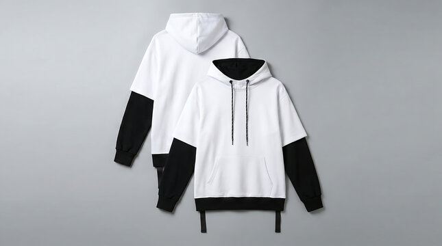 Fashionable two-piece look men's hoodies, white and black layered design, modern urban techwear style, comfortable and trendy apparel