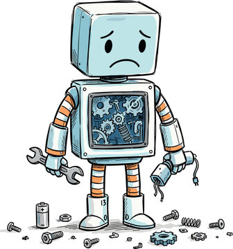 Sad Broken Robot Character Holding Wrench Surrounded by Scattered Parts and Gears for Technology Repair, Error Maintenance, and Emotional Artificial Intelligence Illustration Concepts.