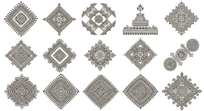 Set of intricate ethnic ornamental square and circular patterns, symmetrical decorative design elements, traditional mandala style vector illustrations for borders and frames