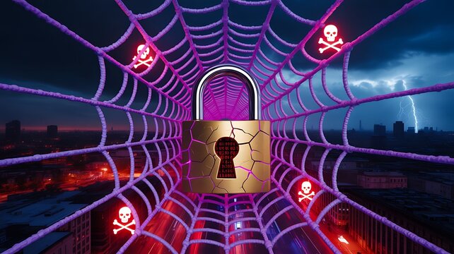 Cyber security concept with padlock and warning symbols inside digital web tunnel 