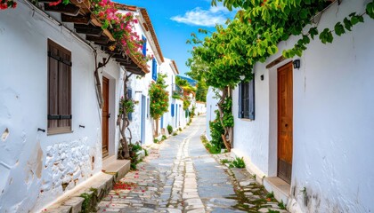 Fototapeta premium Charming Narrow Street Lined with White Houses and Greenery.