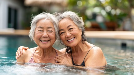 Fototapeta premium Two smiling elderly Asian women enjoying a joyful moment in a swimming pool.