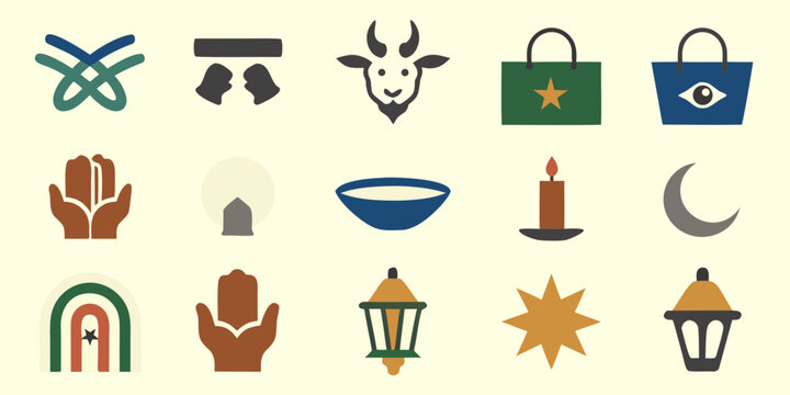 collection of islamic symbols and icons flat vector illustration