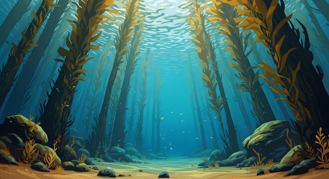Underwater kelp forest scene with sunlight filtering through water