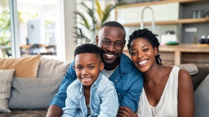 Obraz premium Smiling African American family of three enjoying time together at home.