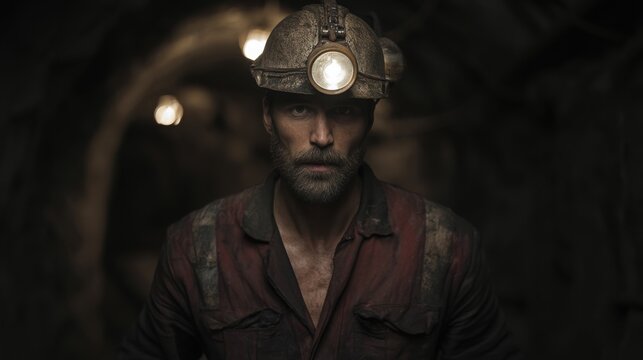 A rugged Caucasian male miner in a dimly lit tunnel, exuding strength and determination.