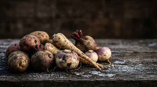 Assorted root vegetables on rustic wooden background
