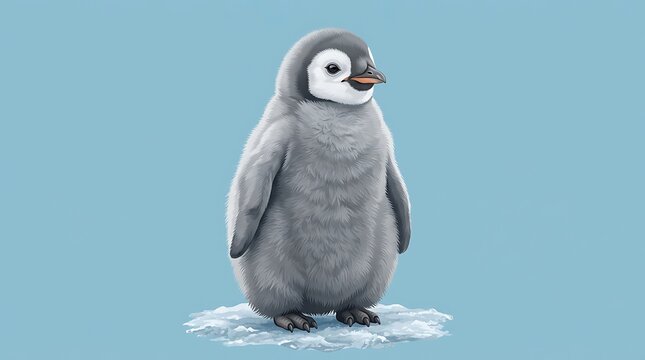 Cute baby penguin chick standing on ice in natural snowy habitat illustration