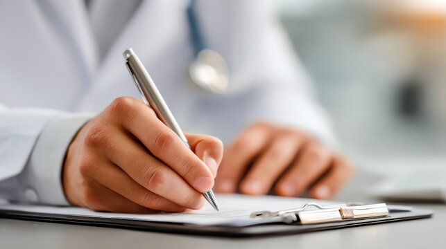 A focused professional writes notes with a silver pen on a clipboard