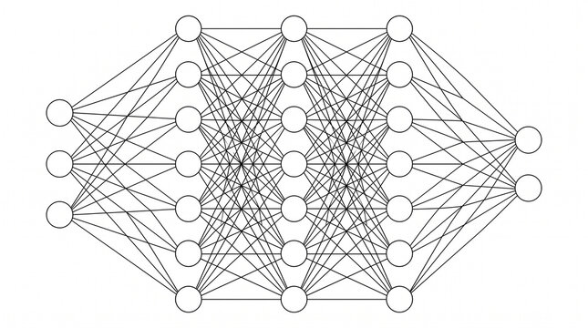 Neural network architecture with interconnected nodes and lines