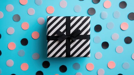 Obraz premium Festive Gift Box with Black Ribbon Surrounded by Colorful Confetti.