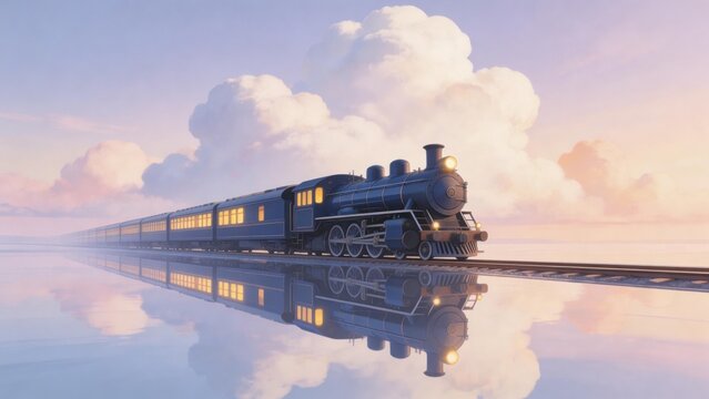 Steam train on reflective track under cloudy sky