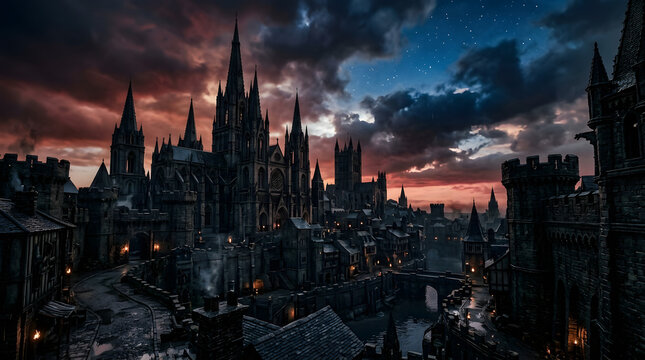 Medieval gothic fantasy city under dramatic sunset and starry sky