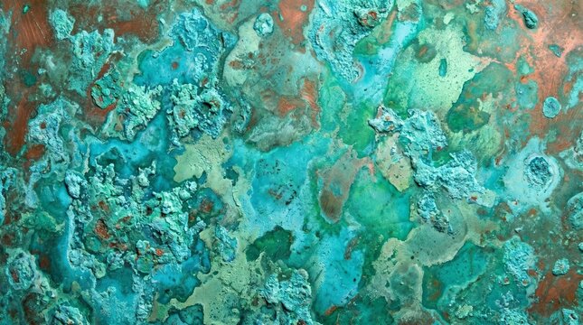 Copper patina oxidised full frame close overhead vivid blue-green verdigris texture warm studio light background photorealistic professional background