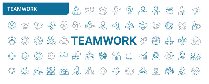 Collection of teamwork and collaboration icons in blue and grey tones for business and design use