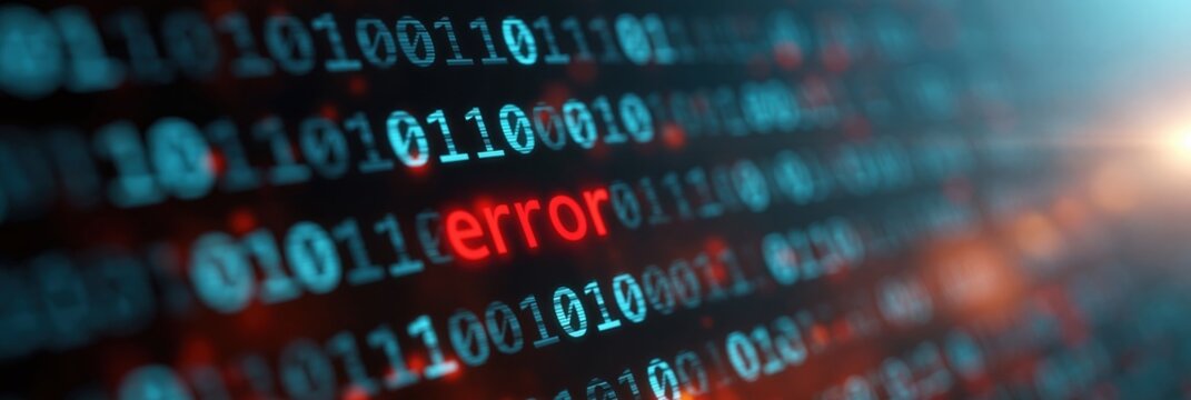 Binary code with red error message on blurred screen