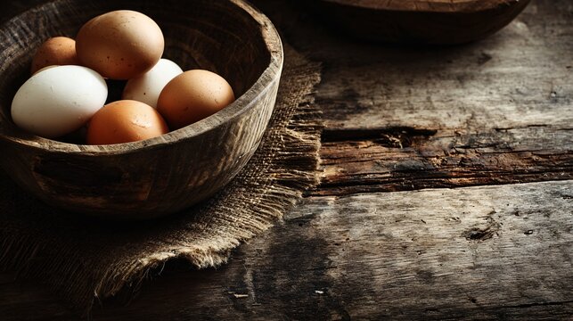 Rustic wooden table with visible knife marks and scratches, eggs placed inside a partially cropped wooden bowl entering from the edge of the frame, asymmetrical layout