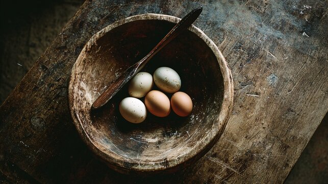 Rustic wooden table with visible knife marks and scratches, eggs placed inside a partially cropped wooden bowl entering from the edge of the frame, asymmetrical layout