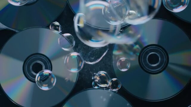 Bubbles float above a collection of reflective discs, abstract composition