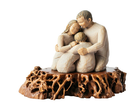 Family embracing statue on wooden base symbolizing love and togetherness