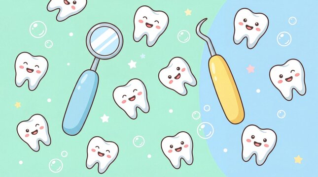 Cartoon pattern of smiling teeth, dental mirror and explorer tool. Oral health education and pediatric dentistry branding concept.