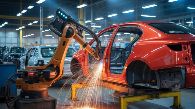 Close-up 3D rendering of an industrial robot welding parts in a modern car factory