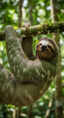 Obraz premium Gentle sloth hanging from a tree branch in a lush forest