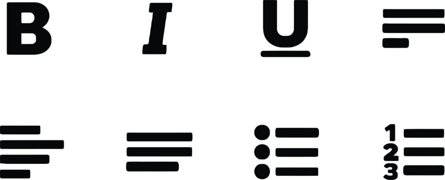 Typography and Formatting Icons: Bold, Italic, Underline, Align, List, Numbered List Vector Illustration