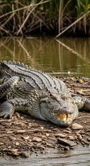Fototapeta premium Fearsome Crocodile with Mouth Open on Riverbank