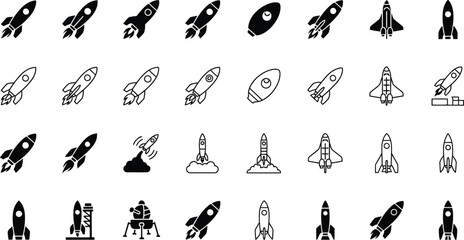 Diverse Rocket Ship and Spacecraft Icons Collection, Vector Illustration Pack for Cosmic Exploration and Futuristic Technology © MstSabrina