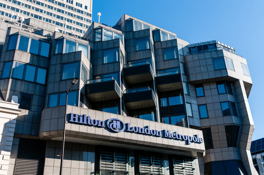 The towering glass and concrete facade of the Hilton London Metropole on Edgware Road, a prominent upscale business and leisure hotel located in Central London near Paddington.