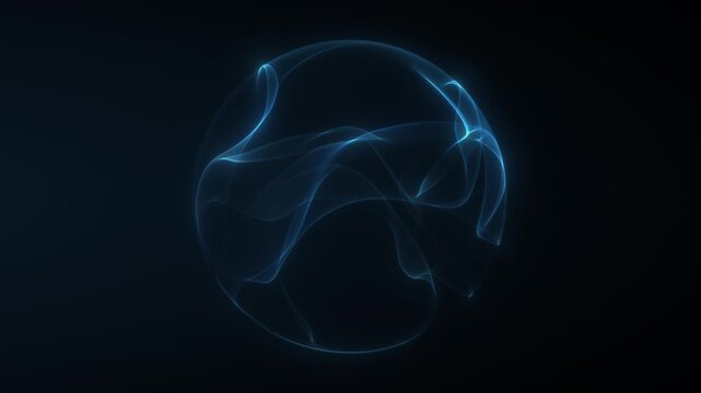 Cyan blue translucent orb volume. Curved light ribbons forming fluid wave structure. Radiant glow gradient with oscillation motion. Abstract digital energy field in dark space. Seamless loop backdrop.