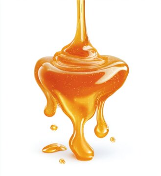 Golden honey drop with viscous flow creating ribbon and droplets