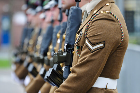 Soldiers of the 2nd Battalion, The Mercian Regiment, stand in disciplined formation with assault rifles during a formal military parade, dressed in multi-terrain pattern camouflage and berets.