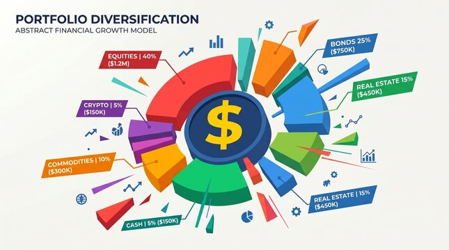 Portfolio diversification diagram with dollar sign and sectors portfolio management investment por