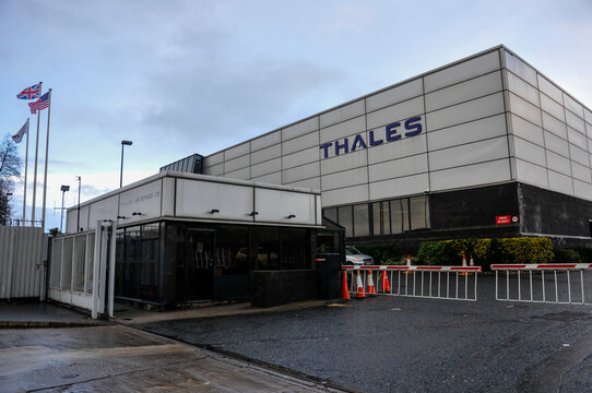 Exterior view of the Thales UK defence manufacturing facility located on Montgomery Road in Castlereagh, Belfast.