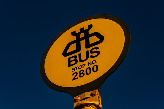 An oval yellow Dublin Bus stop sign showing stop number 2800 against a dark blue evening sky.