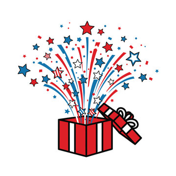 Open gift box exploding with patriotic stars and fireworks explosion patriotic celebration surprise american illustration national independence