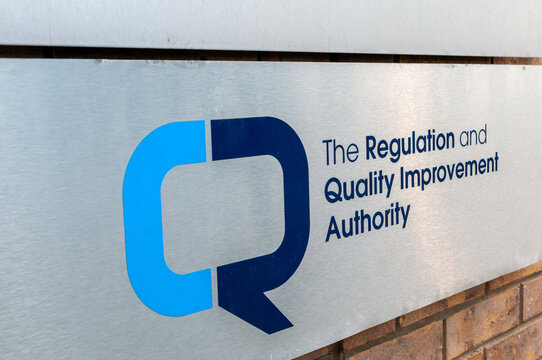 Sign outside the Regulation and Quality Improvement Authority (RQIA) building in Belfast, Northern Ireland