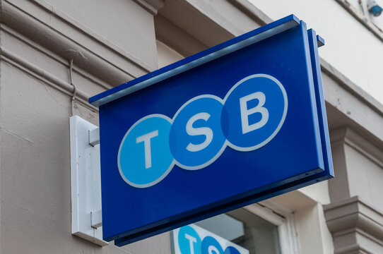 An exterior facade sign displaying the TSB logo on a high street retail bank branch