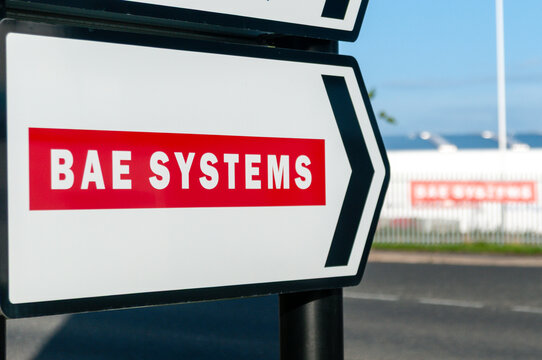 Sign pointing towards the BAE Systems manufacturing facility in Washington, Tyne and Wear, England