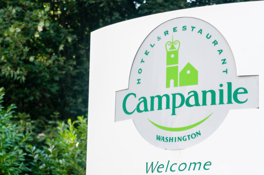 Sign outside the Campanile Hotel and Restaurant in Washington, Tyne and Wear, showing the green logo and welcome text against a white background