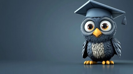Fototapeta premium Cartoon owl wearing graduation cap for education concept, copy space