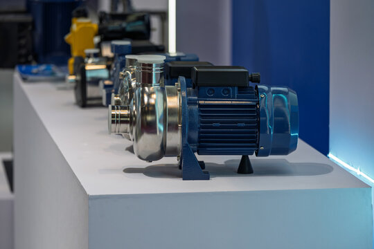 Close up of industrial water pump equipment on display stand