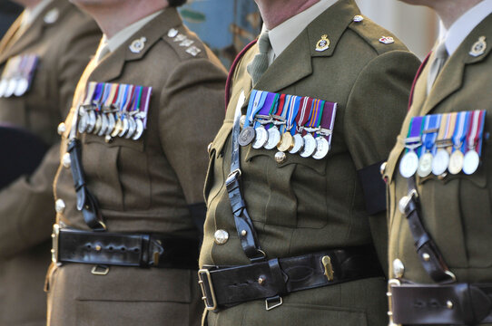 Senior officers from the Royal Irish Regiment on parade wearing medals.