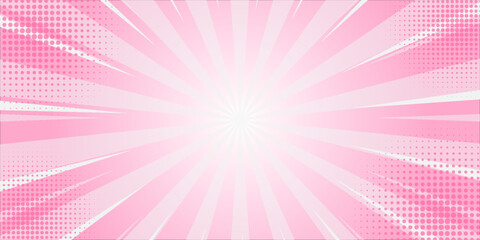 Abstract Pink rays background with halftone. Pop art comics book cartoon magazine cover. Vector halftone illustration. Light pink sunburst abstract background.  Pop art style with empty space. Vector © Roni