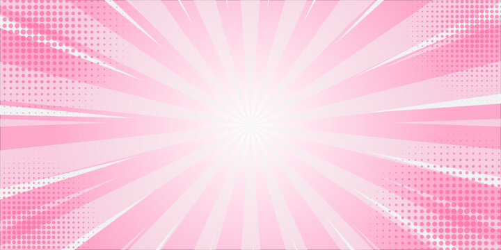 Abstract Pink rays background with halftone. Pop art comics book cartoon magazine cover. Vector halftone illustration. Light pink sunburst abstract background.  Pop art style with empty space. Vector