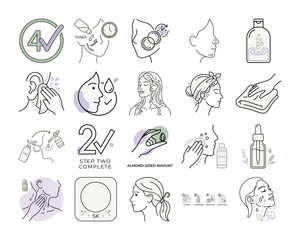 Obraz premium Face Care Routine Icon Set Design or Minimalist Line Art Skincare Tutorial Icons